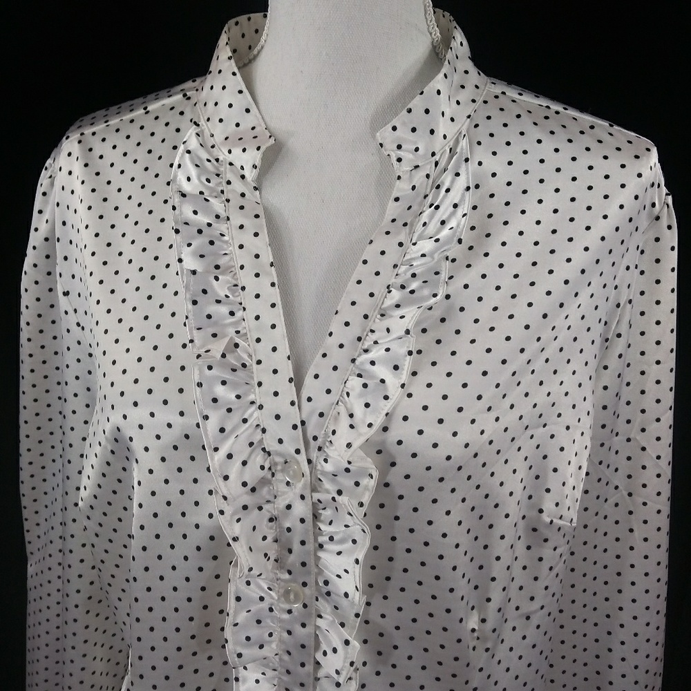 Silky Black & White Polkadot Ruffle Dress Blouse